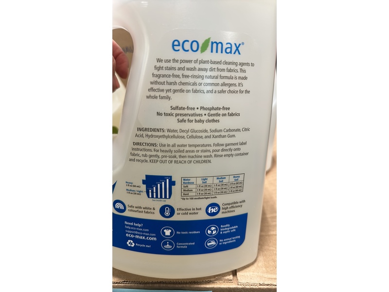 Eco Max Laundry Liquid, Fragrance Free, 100 Loads, 101 fl oz/3 L