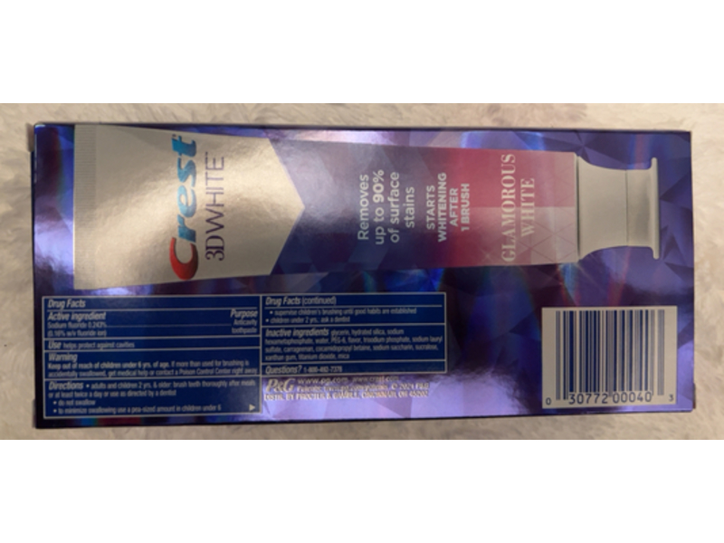 Crest 3D White Fluoride Anticavity Toothpaste, Glamorous White, 7.6 oz/215 g, Pack Of 2