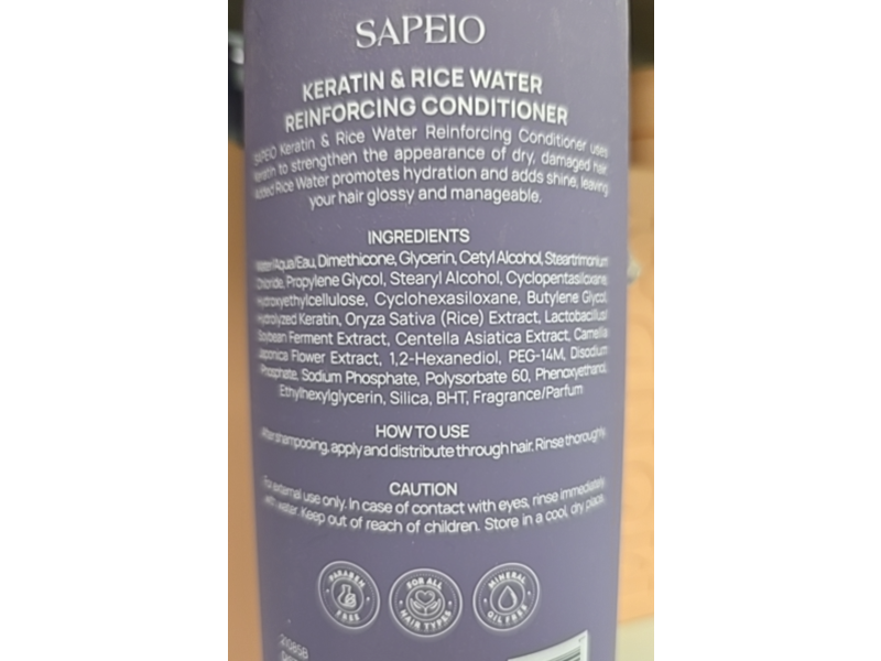 Sapeio Reinforcing Conditioner, Keratin + Rice Water, 33.8 fl oz/1000 mL