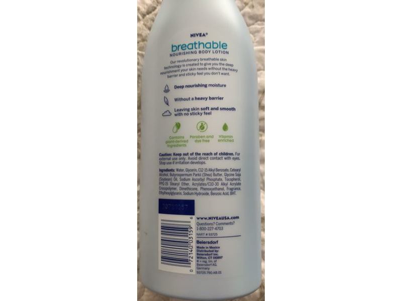 Nivea Breathable Body Lotion, Lightly Scented, 13.5 fl oz/400 mL, Pack Of 3