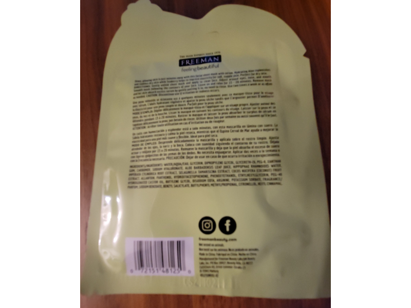 Freeman Hydrating Sheet Mask, Aloe + Seaberry, 0.8 fl oz/25 mL