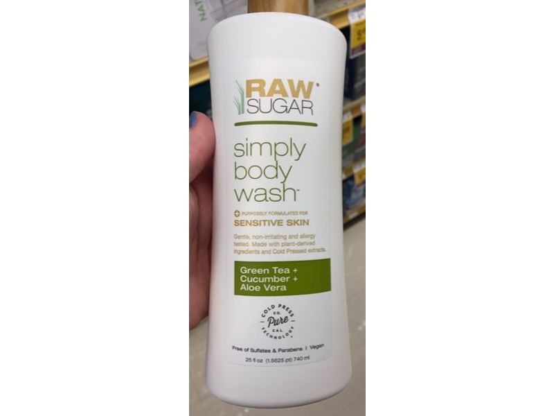 Raw Sugar Simply Body Wash, Sensitive Skin, Tea + Cucumber + Aloe Vera, 25 fl oz/740 mL