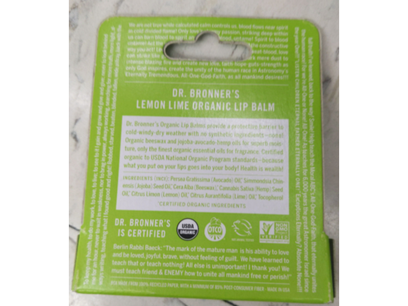 Dr. Bronner's Organic Lip Balm, Lemon Lime, 0.15 oz/4 g