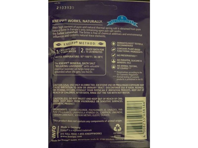 Kneipp Mineral Bath Salt, Relaxing, Lavender, 2.1 oz/60 g