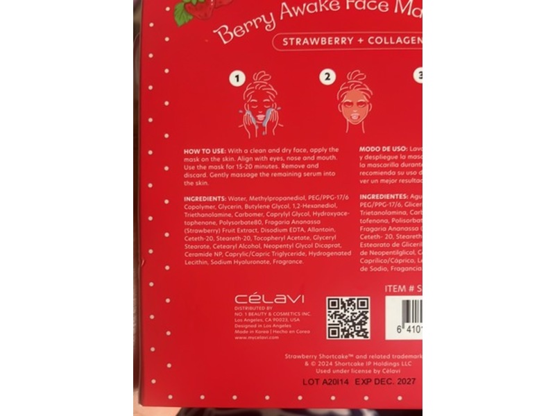 Celavi Berry Awake Face Mask Pack, Strawberry Shortcake, 5 Count