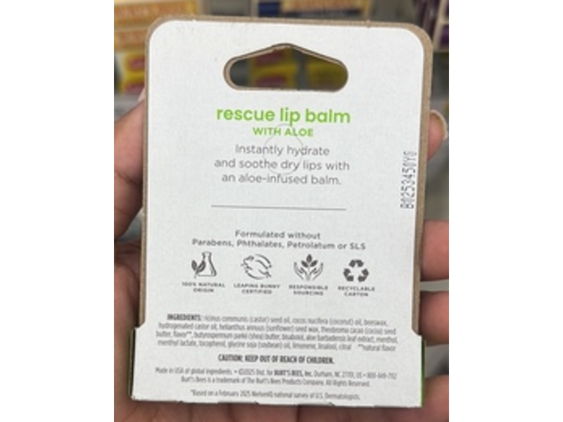 Burt's Bees Rescue Lip Balm, Aloe, 0.15 oz/4.25 g