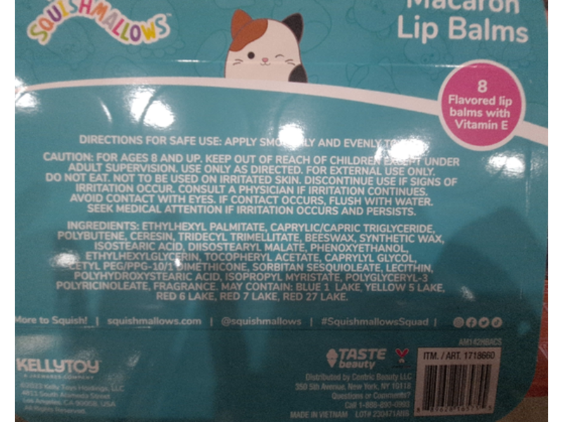 Original Squishmallows Macaron Lip Balm, Vitamin E, 1.97 oz/56 g, 8 Count