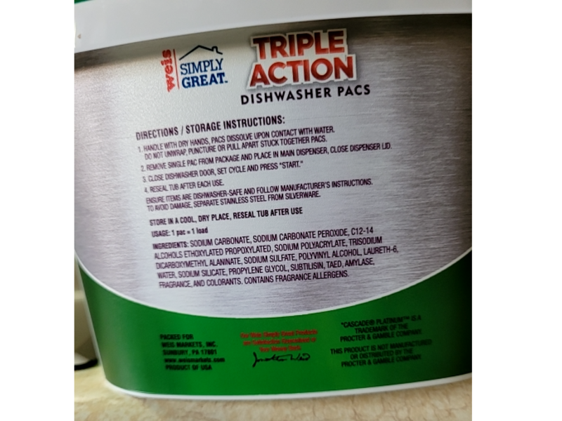 Weis Simply Great Triple Action Multi-Chamber Dishwasher Pacs, 13.3 oz/378 g, 36 Count