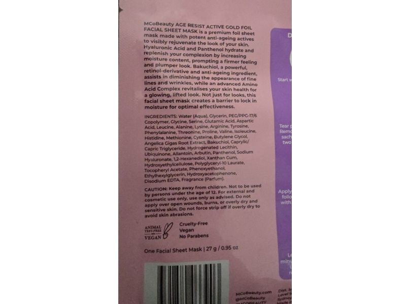 MCoBeauty Age Resist Active Gold Foil Facial Sheet Mask, 0.95 oz/27 g, 1 Count