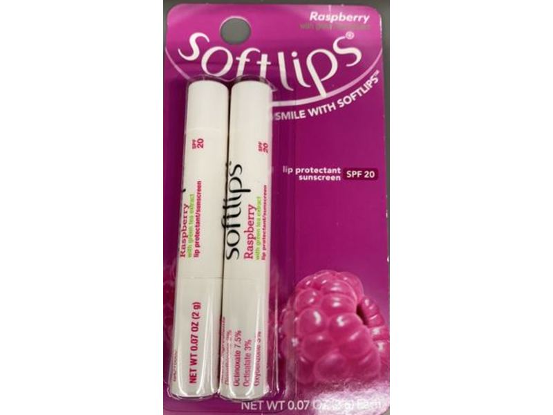 SoftLips Lip Balm, Raspberry, SPF 20, 0.07 oz/2 g, Pack Of 2