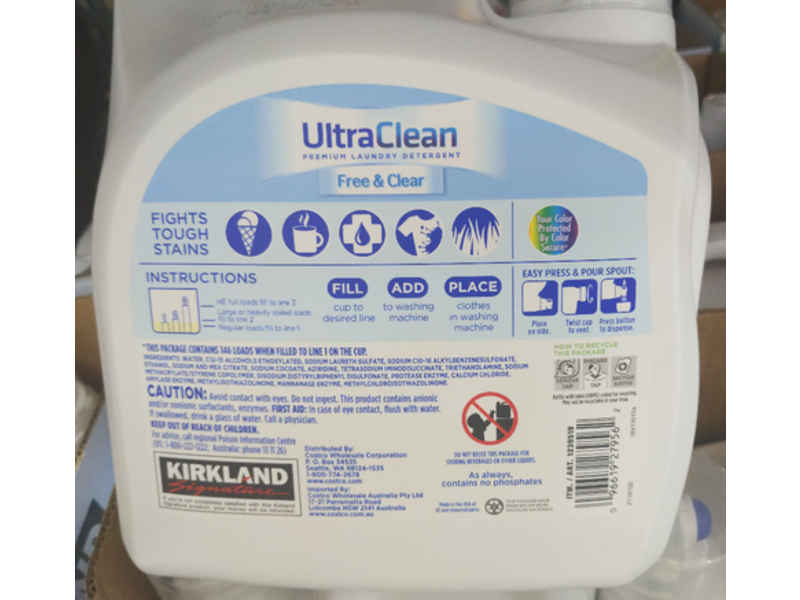 Kirkland Signature Ultra Clean Free & Clear Laundry Detergent, 146 Loads, 194 fl oz/5.73 L