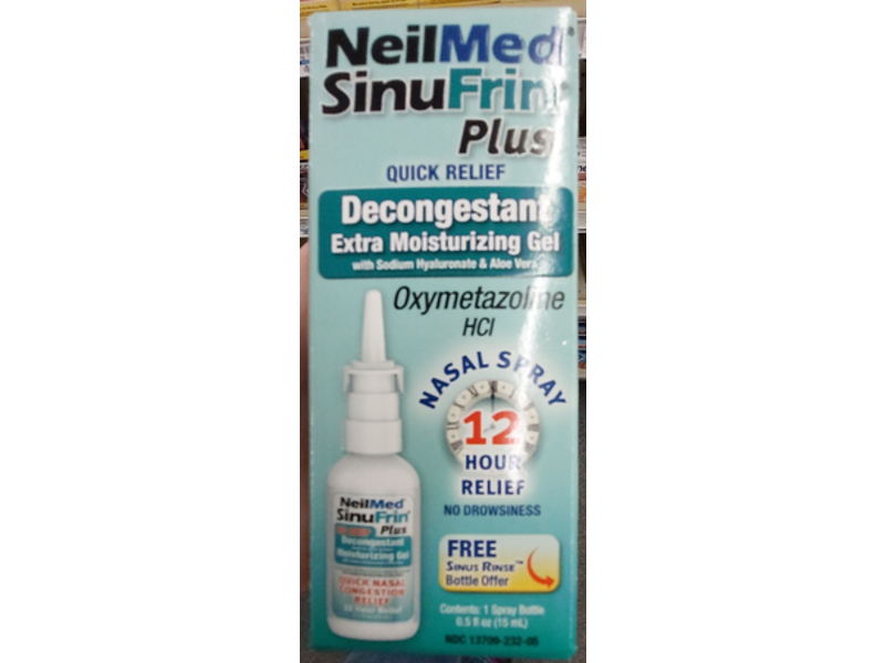 NeilMed SinuFrin Plus Quick Relief Decongestant Extra Moisturizing Gel Nasal Spray, Sodium Hyaluronate & Aloe Vera, 0.5 fl oz/15 mL