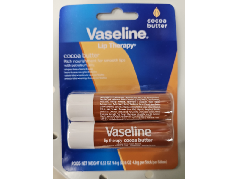Vaseline Lip Therapy, Cocoa Butter, 0.16 oz/4.8 g, Pack Of 2