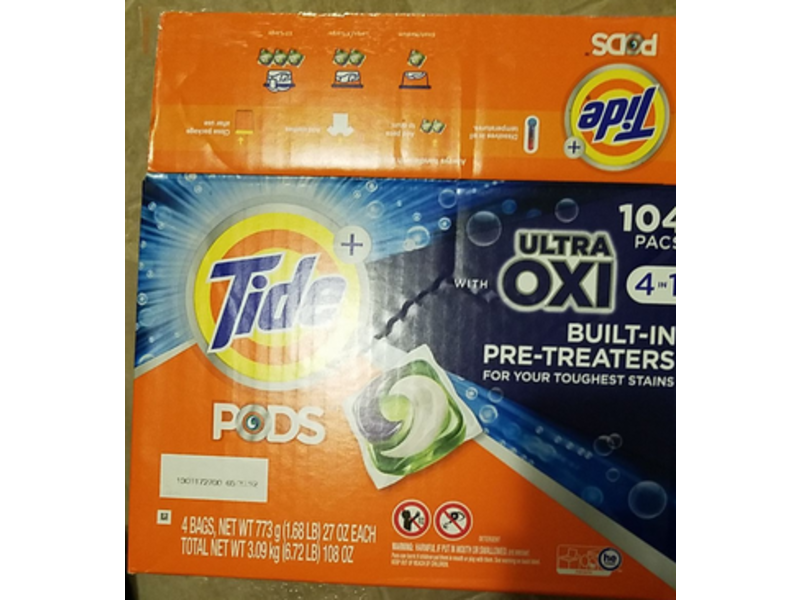 Tide Pods With Ultra Oxi 4 In 1 Detergent Pacs, 27 oz/773 g, 4 Bags, 104 Count
