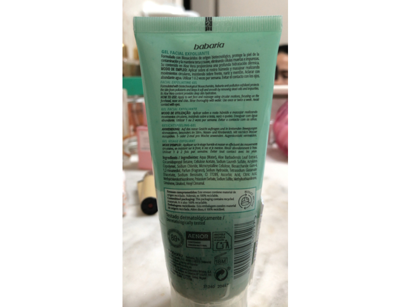 Babaria Facial Exfoliating Gel, Aloe, 3.4 fl oz/100 mL