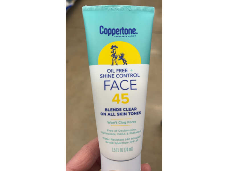 Coppertone Oil Free+Shine Control Face Sunscreen Lotion, SPF 45, 2.5 fl oz/74 mL