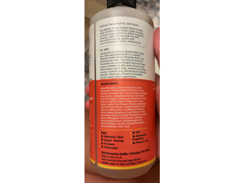 Alaffia Babies & Kids Bubble Bath, Coconut + Strawberry, 16 fl oz/473 mL, Pack Of 2