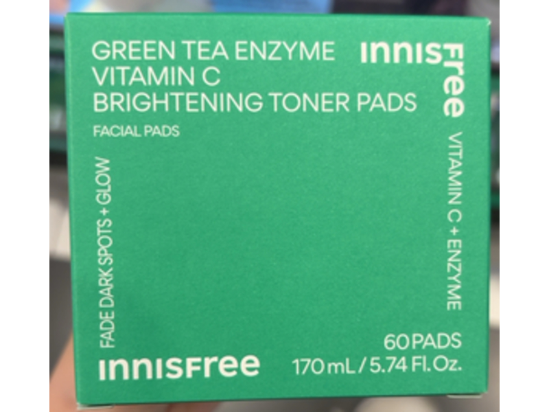 Innisfree Vitamin C Brightening Toner Pads, Green Tea Enzyme, 5.74 fl oz/170 mL, 60 Count