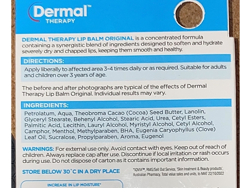 Dermal Therapy Ultra Moisturizing Lip Balm, Original, 10 g