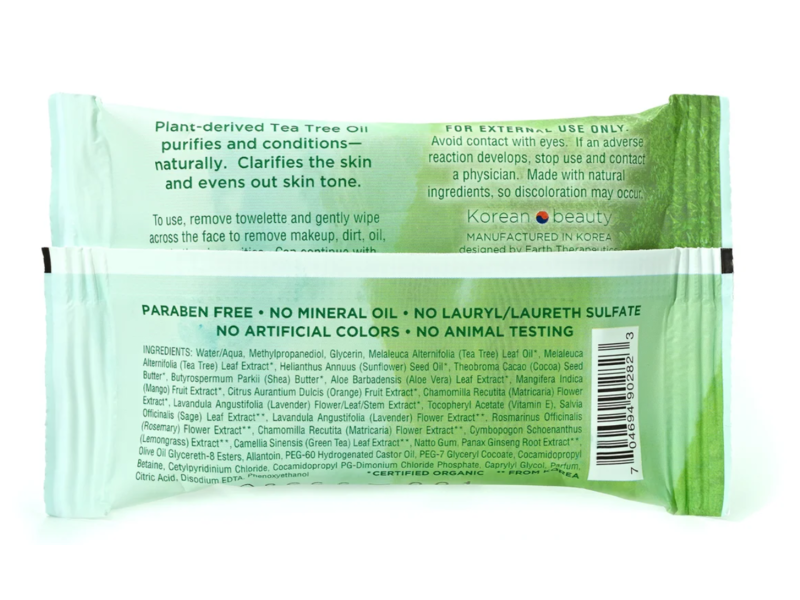 Earth Therapeutics Pro Organic Tea Tree Cleansing Facial Towelettes, 15 Count