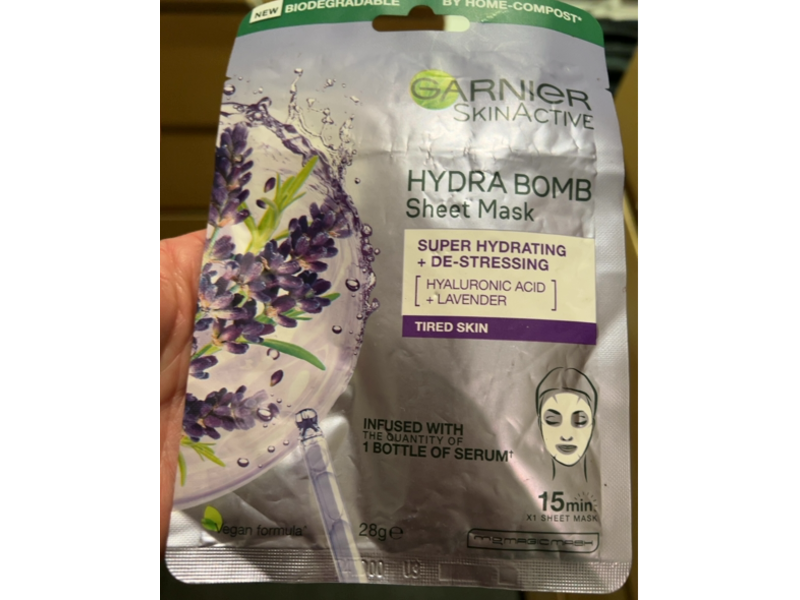 Garnier Skin Active Hydra Bomb Sheet Mask, Hyaluronic Acid + Lavender, 28 g, 1 Count