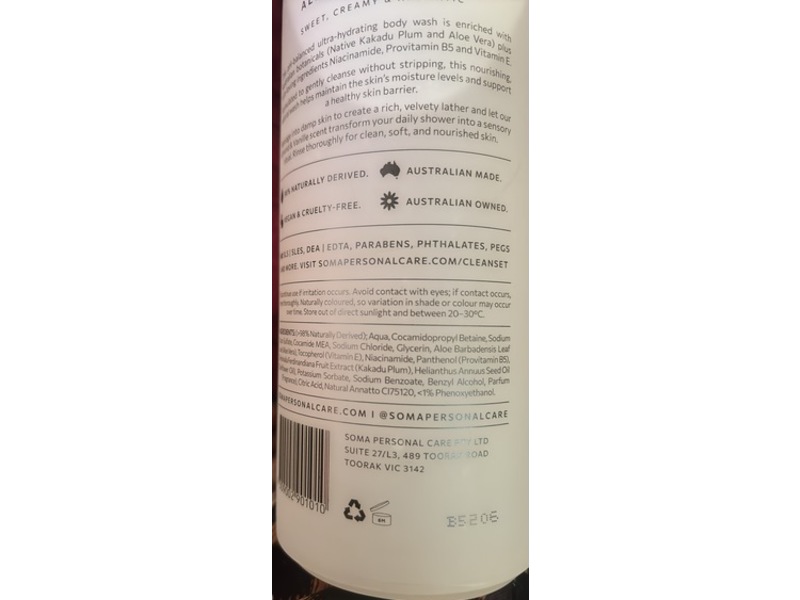 Soma Natural Body Wash, Almond & Vanille, 25.4 fl oz/750 mL