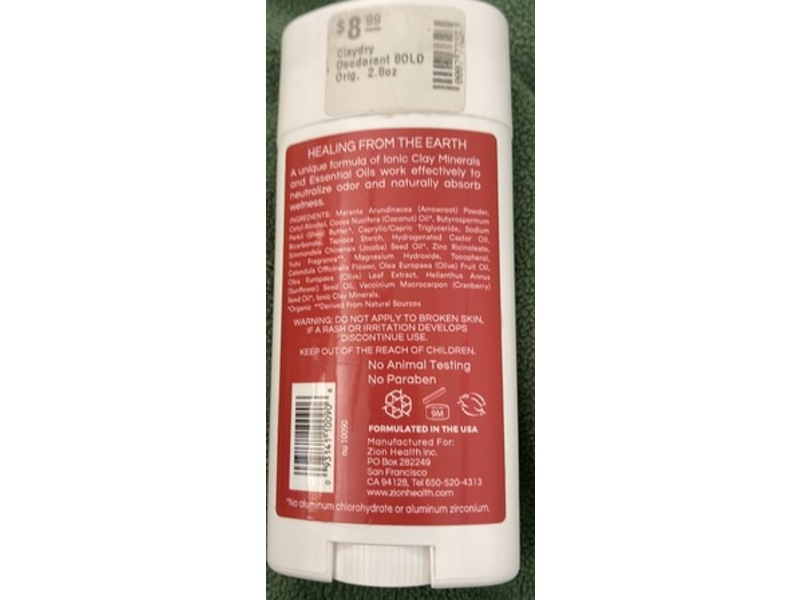 Zionhealth Clay Dry Deodorant, Original, 2.8 oz/80 g