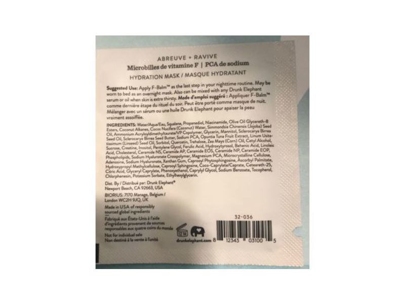 Drunk Elephant F-Balm Electrolyte Waterfacial Masque, 0.10 fl oz/3 mL