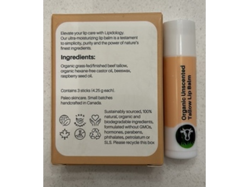 Lipidology Nude Lips Tallow Lip Balm, Unscented, 4.25 g, 3 Pack