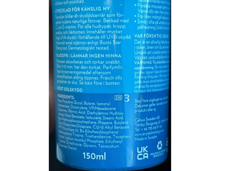 Evy Sunscreen Mousse, SPF 30, 150 mL