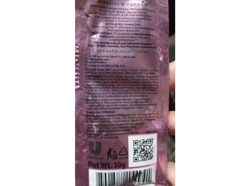 Ponds Bright Miracle Facial Foam, Activated Charcoal Niasorcinol, 10 g