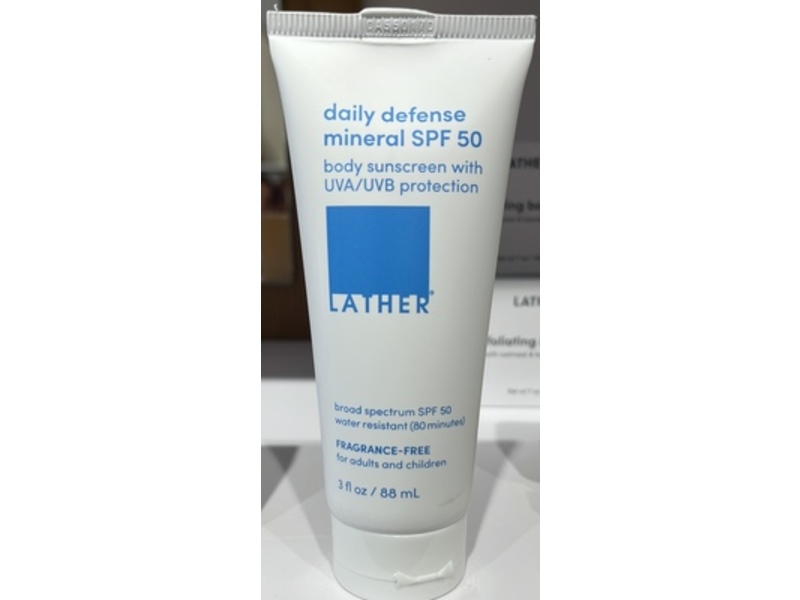 Lather Daily Defense mineral Sunscreen, SPF 50, Fragrance Free, 3 fl oz/88 mL