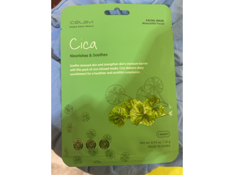 Celavi Nourishes & Soothes Facial Mask, Cica, 0.74 oz/20 g, 1 Count