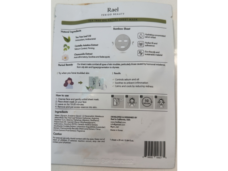 Rael Tea Tree Facial Sheet Mask, Purify + Soothe, 0.84 fl oz/25 mL, 5 Count