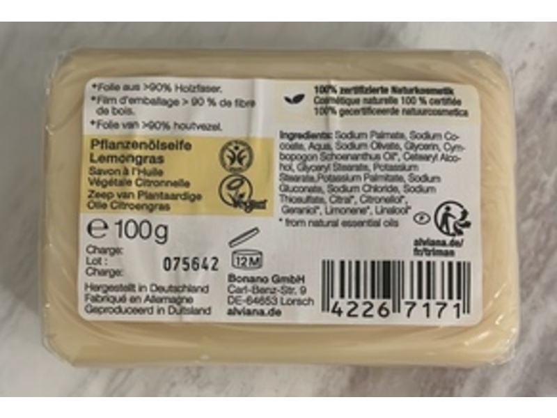 Alviana Vegetable Oil Soap, Lemongrass, 100 g
