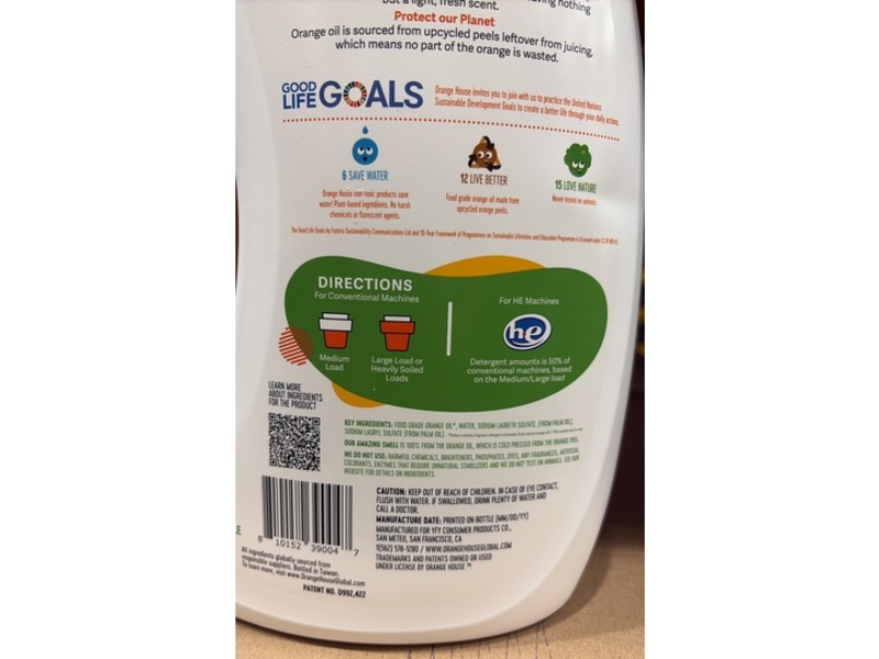 Orange House Eco Laundry Detergent, Clean Scent, 135 Loads, 135.26 oz/4000 mL