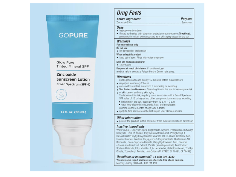Gopure Tinted Mineral Sunscreen Lotion, SPF 40, 1.7 fl oz/50 mL