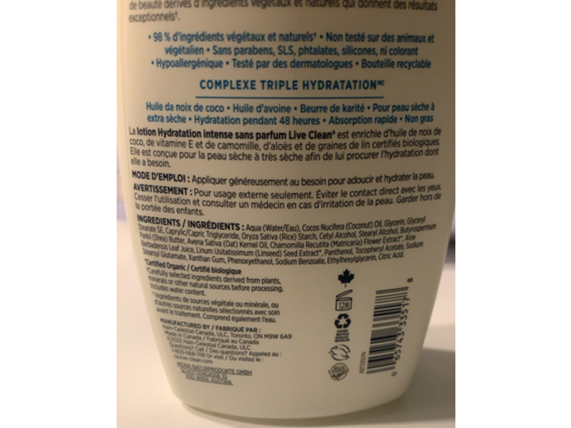 Live Clean Body Lotion, Intense Moisture, 18 fl oz/532 mL