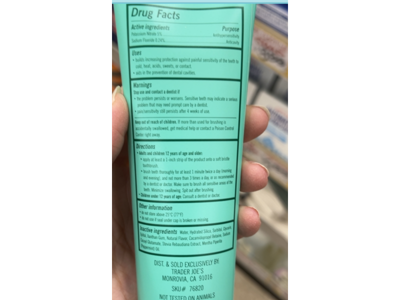 Trader Joe's Sensitivity + Whitening Toothpaste, Peppermint, 6 oz/170 g