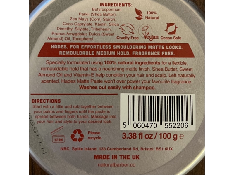 The Natural Barber Co. Hades Matte Paste, 3.38 fl oz/100 g