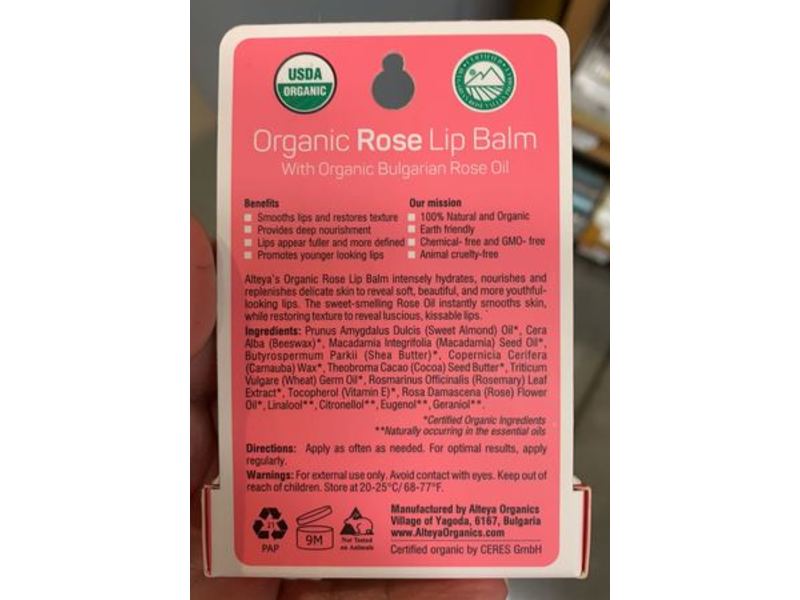 Alteya Organics Lip Balm, Organic Bulgarian Rose Oil, 0.17 fl oz/5 g