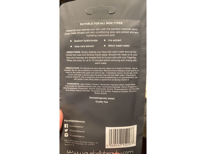 Que Bella Professional Deep Cleansing Sheet Mask, Bamboo Charcoal Black, 1 Count