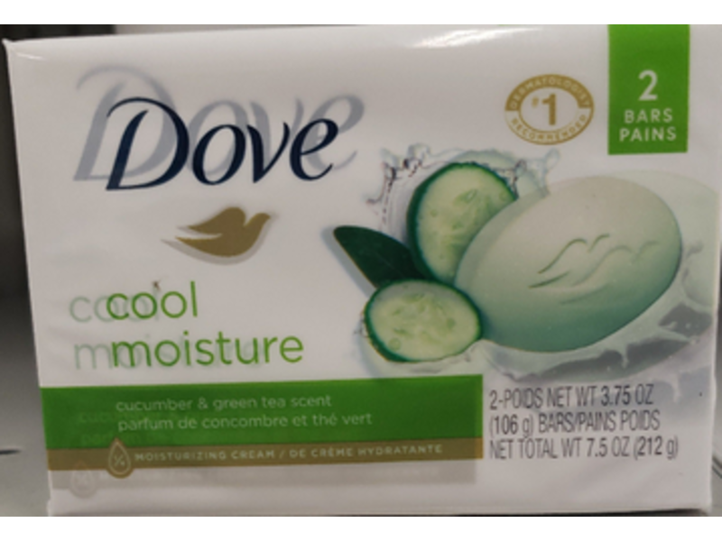 Dove Cool Moisture Bar Soap, Cucumber & Green Tea Scent, 7.5 oz/212 g, Pack Of 2