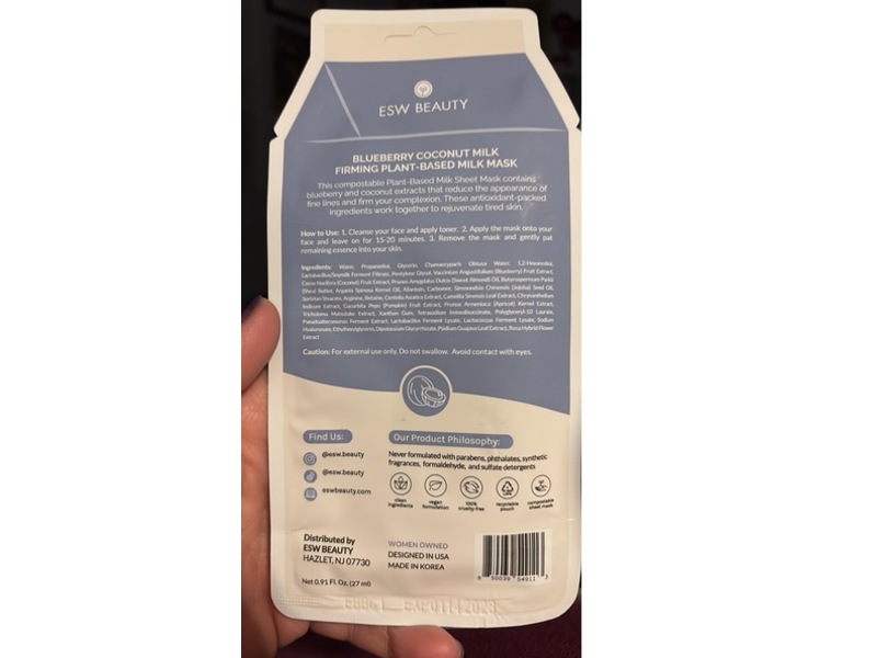 ESW Beauty Firming Plant-Based Milk Face Mask, Blueberry Coconut Milk, 0.91 fl oz/27 mL