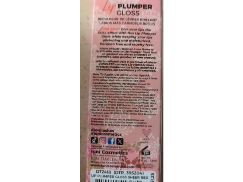 Ioni Lip Plumper Gloss, Hot Alert, 0.15 fl oz/4.5 mL.