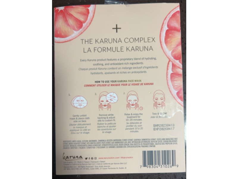 Karuna Brightening+ Face Natural Fiber Sheet Mask, Grapefruit Seed Extract + Rare Asian Plant Extracts & Salicylic Acid, 0.95 fl oz/28 mL