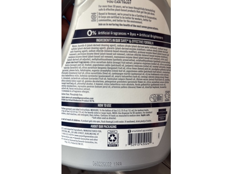 Seventh Generation Power+ Laundry Detergent, Clean Scent, 54 Loads, 95 fl oz/2.8 L