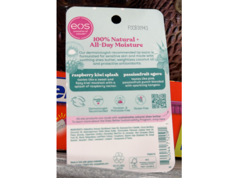 Eos Smooth Lip Balm, Raspberry Kiwi Splash & Passionfruit Agave, 0.14 oz/4 g, Pack Of 2