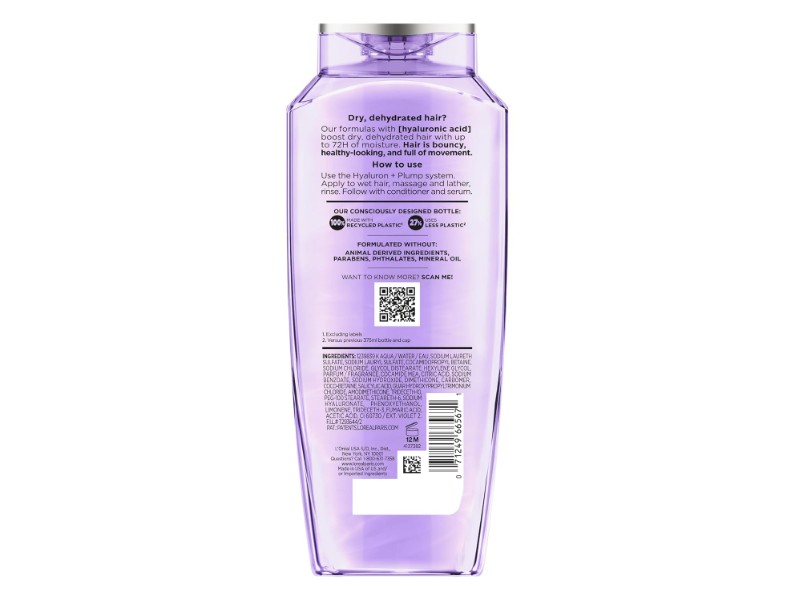 L'Oreal Paris Elvive Hydrating Shampoo, Hyaluron Plump, 12.6 fl oz/375 mL