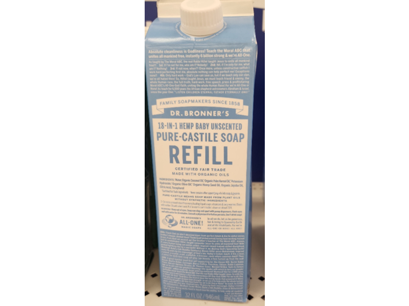 Dr. Bronner's Baby Pure Castile Soap Refill, Organic Oils, 32 fl oz/946 mL